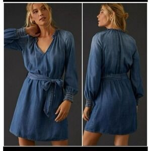 Cloth & Stone Tencel‎ Chambray V Neck Ruffle Smocked Long Sleeve Dress XS